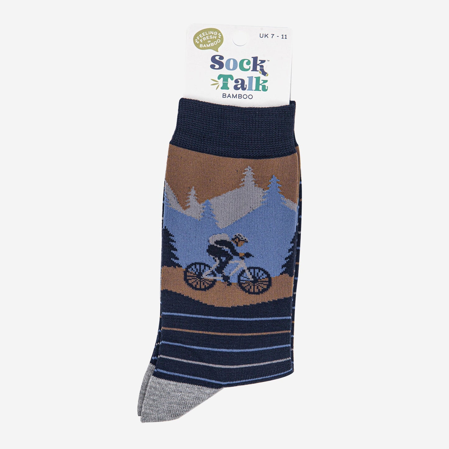 mens-bamboo-socks-navy-blue-denim-blue-mountain-bike-scene-in-sock-talk-packaging