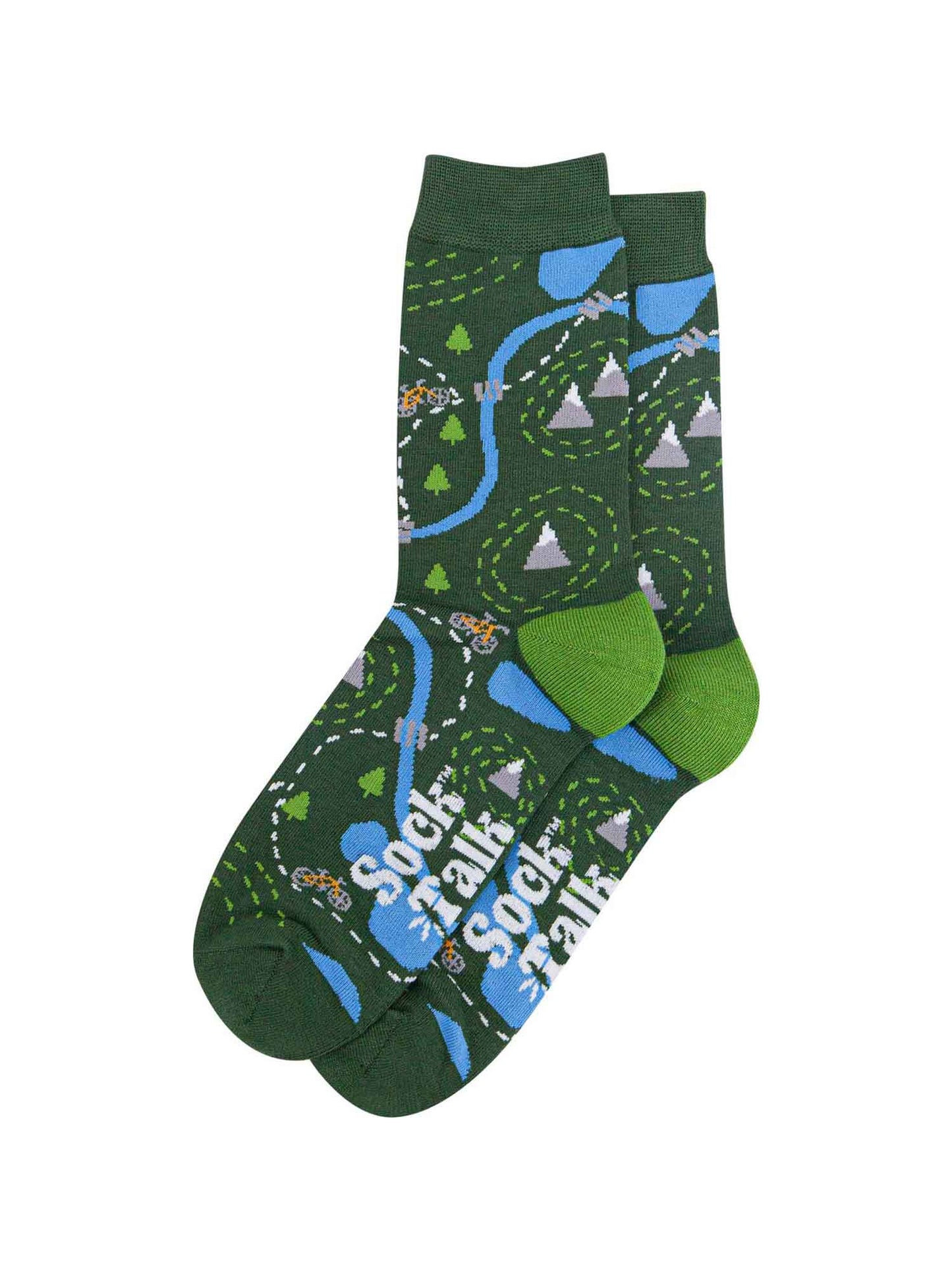 mens mountain bike themed bamboo socks, designed to look like a biking trail these bamboo socks also feature lakes, mountains and rivers