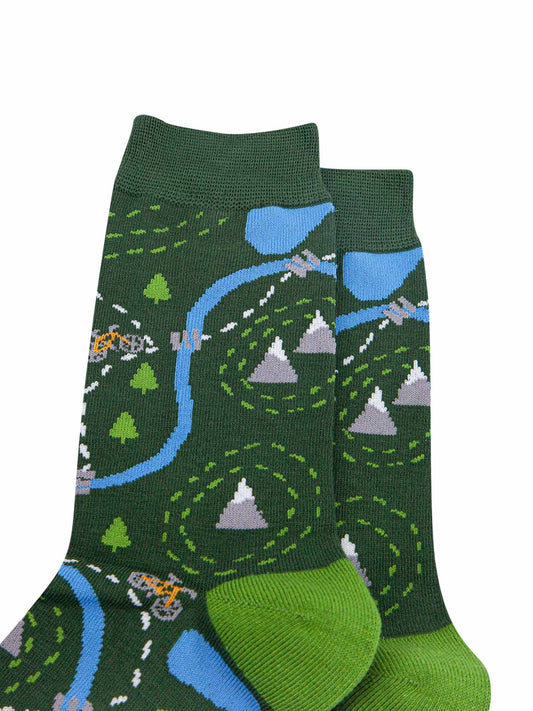 close up of the cycling route map pattern on the bamboo socks