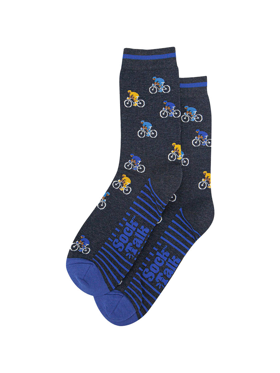 mens-bamboo-socks-navy-cyclists-laying-flat-showing-road-race-cycling