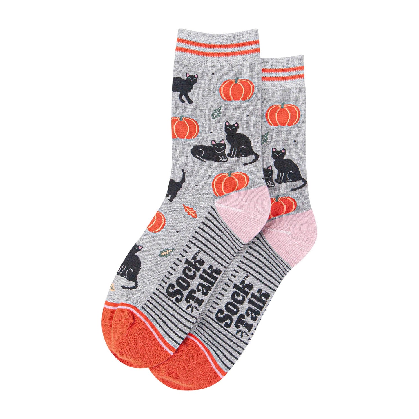 womens-bamboo-socks-light-grey-orange-cats-and-pumpkins-laying-flat