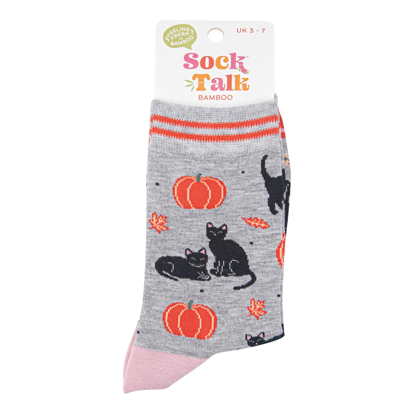 womens-bamboo-socks-light-grey-orange-cats-and-pumpkins-in-sock-talk-packaging
