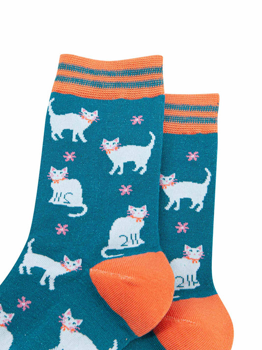 close up of the white cat pattern on the bamboo novelty socks