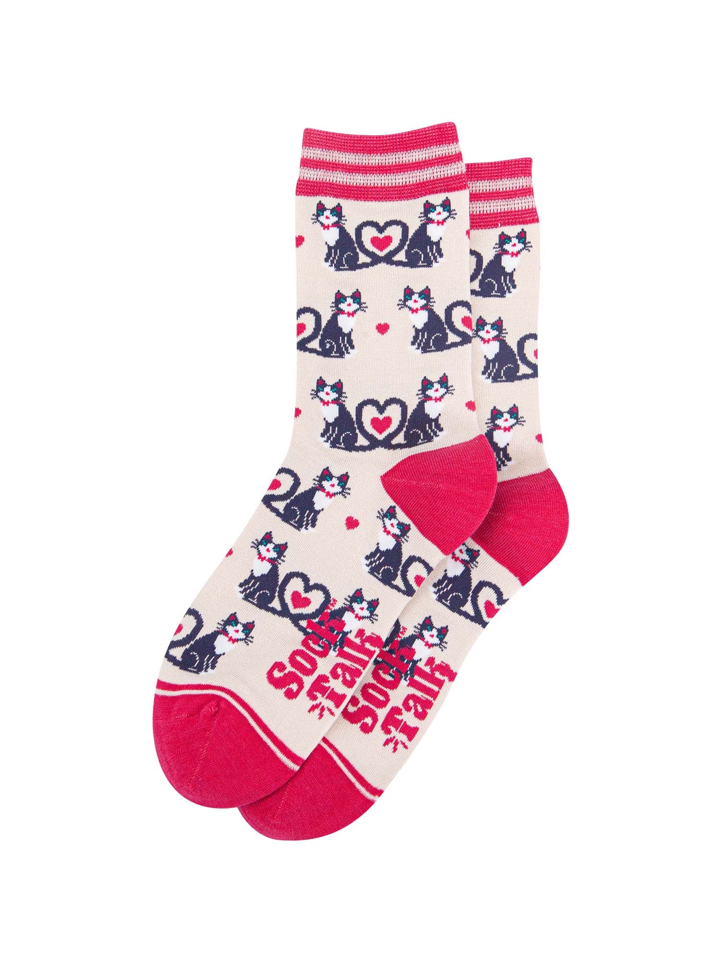 womens-bamboo-socks-cream-cats-love-heart-tails-laying-flat-showing-the-pattern-covering-the-whole-design