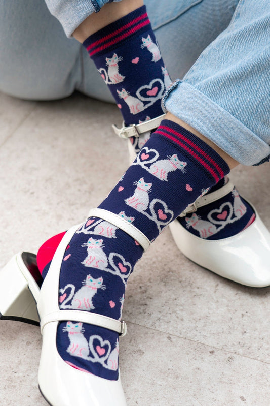 Women's Bamboo Socks - Navy Blue/White, Cats