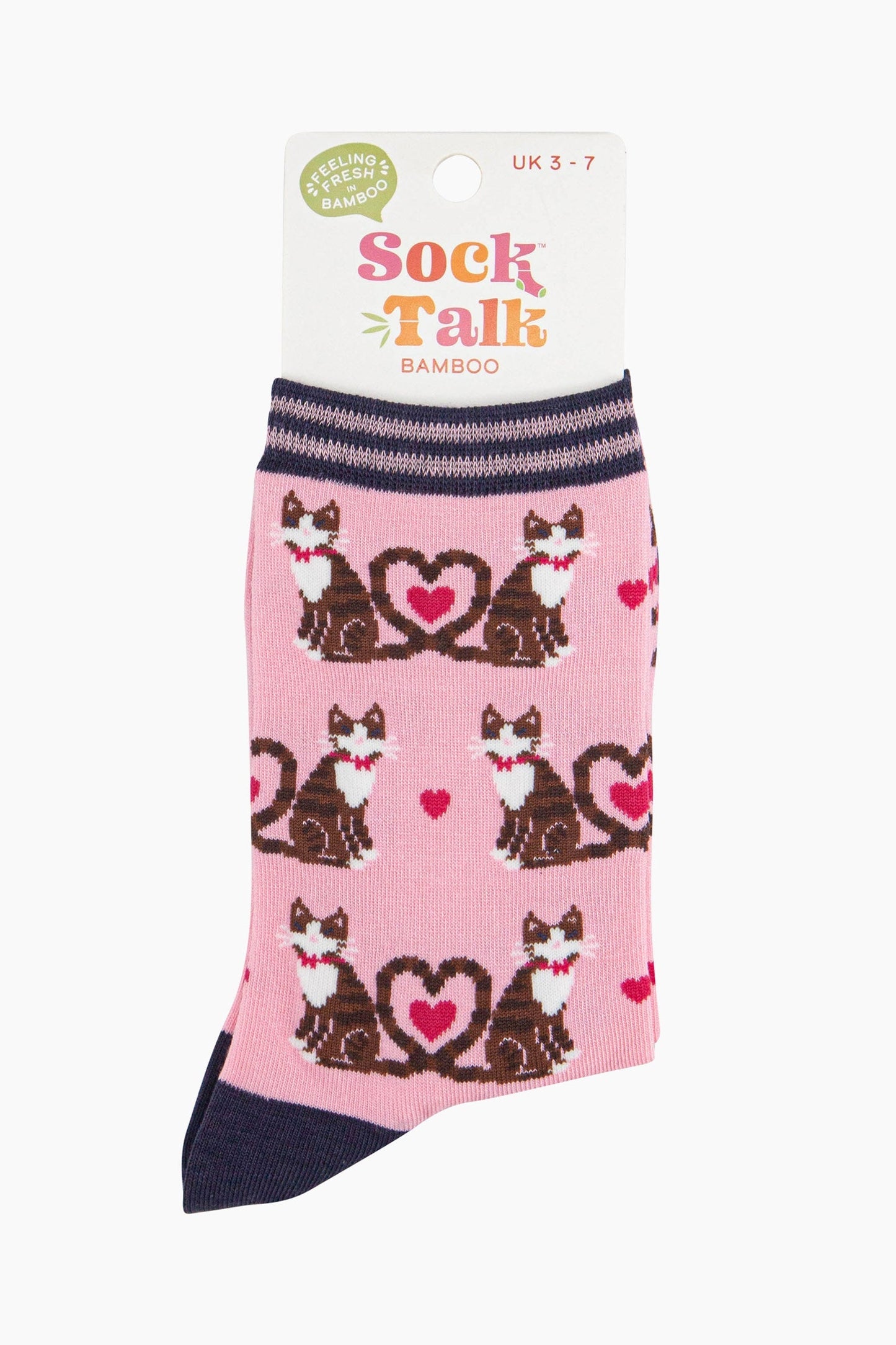 women's bamboo tabby cat and pink love heart ankle socks in their sock talk packaging, the socks are a uk size 3-7.