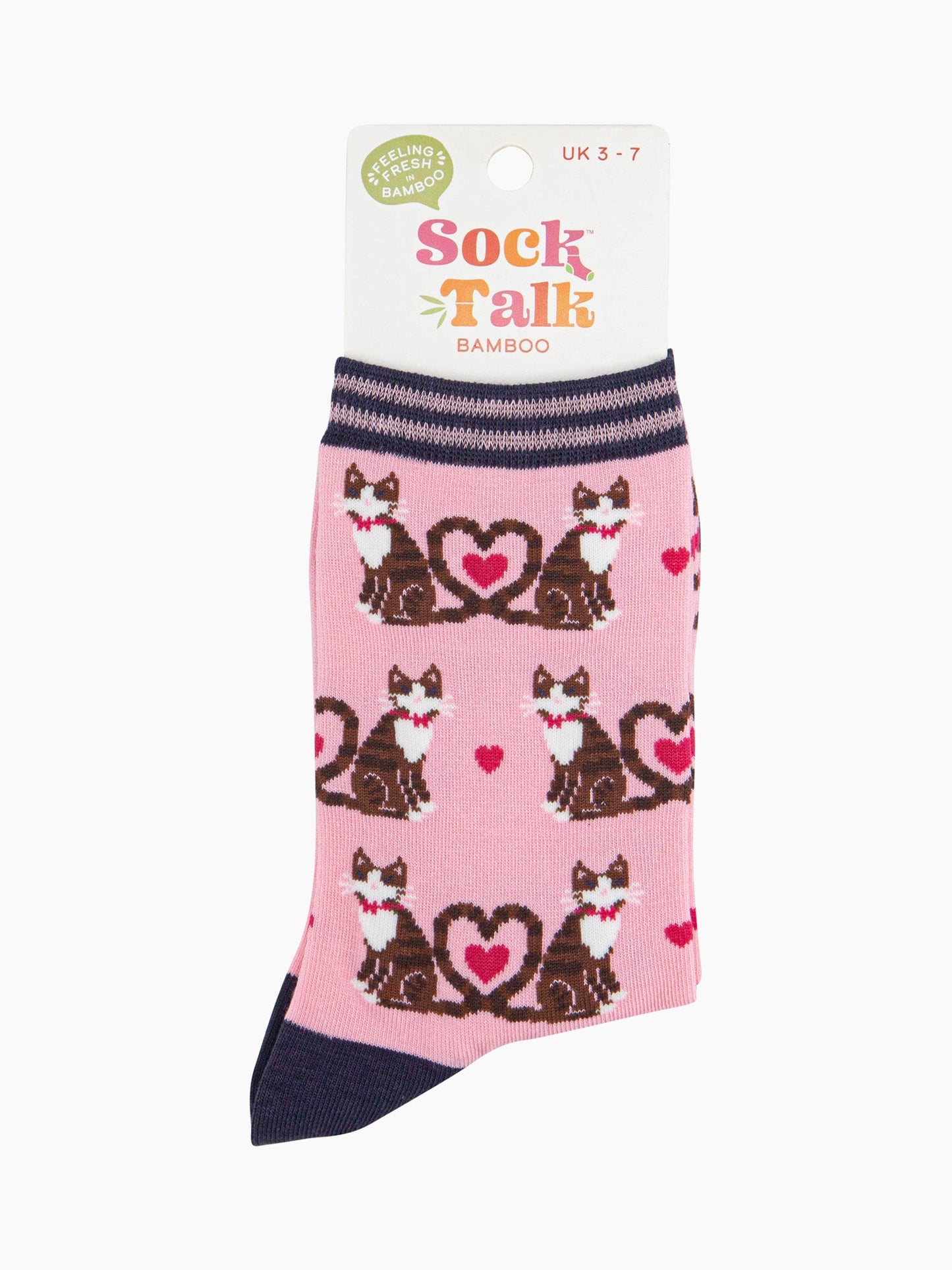 women's bamboo tabby cat and pink love heart ankle socks in their sock talk packaging, the socks are a uk size 3-7.