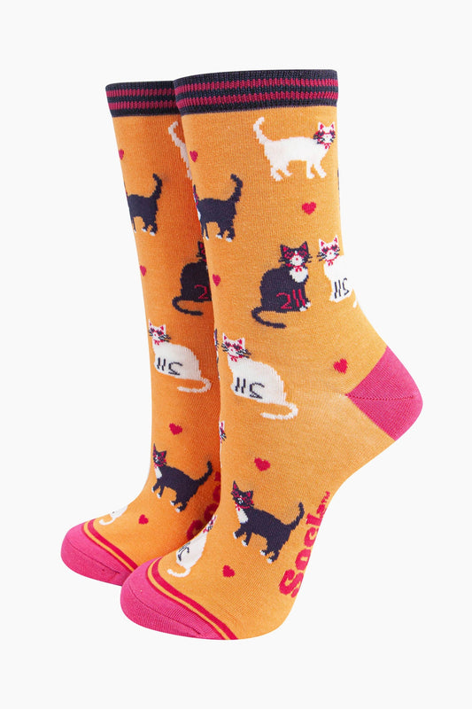 Women's Bamboo Socks - Orange, Cats and Love Hearts