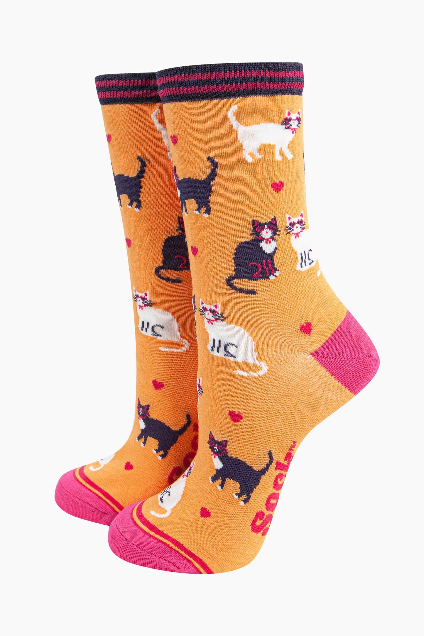 womens-bamboo-socks-orange-cats-and-love-hearts-pattern-white-cats-black-cats-pink-hearts