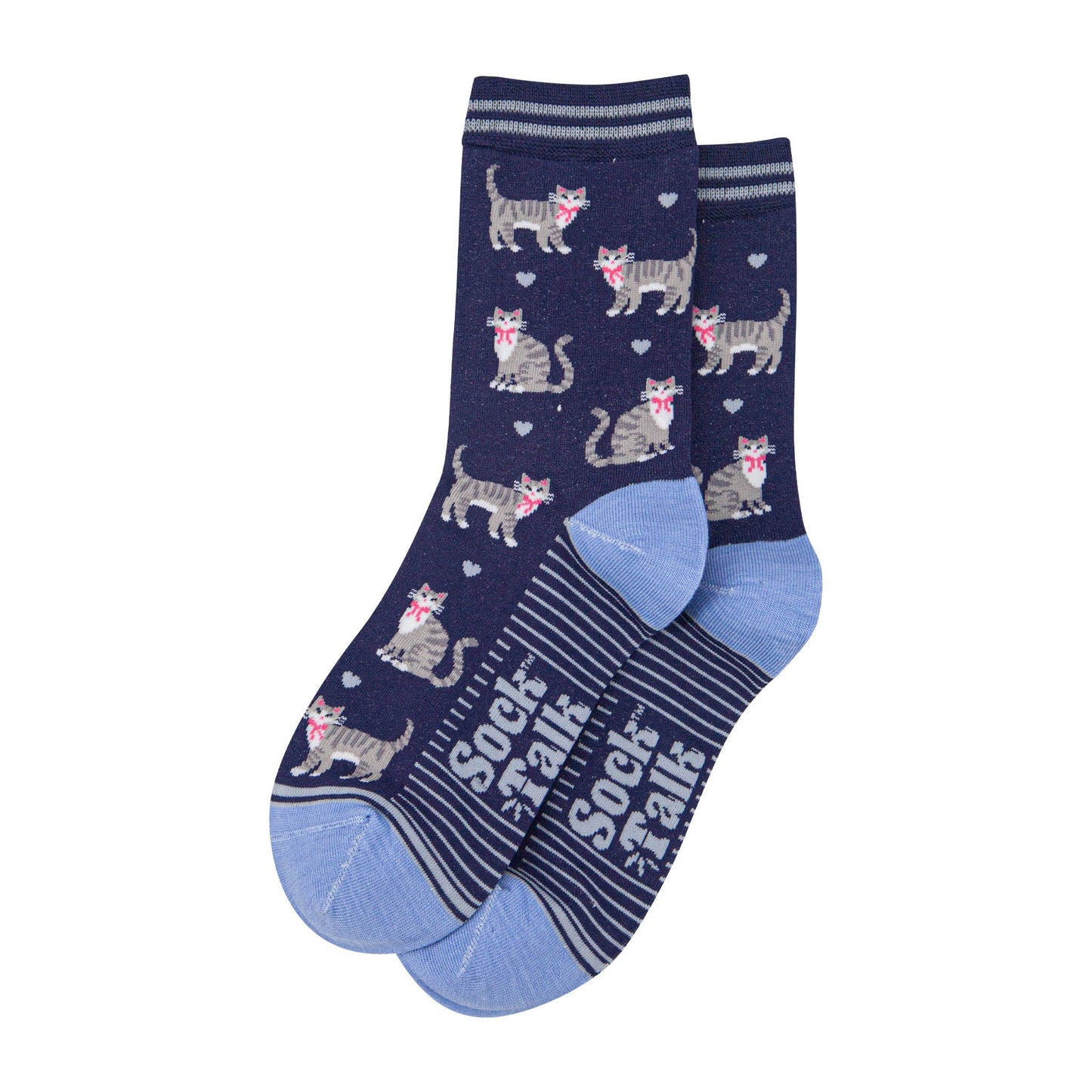 womens-bamboo-socks-navy-blue-light-blue-grey-tabby-cats-laying-flat