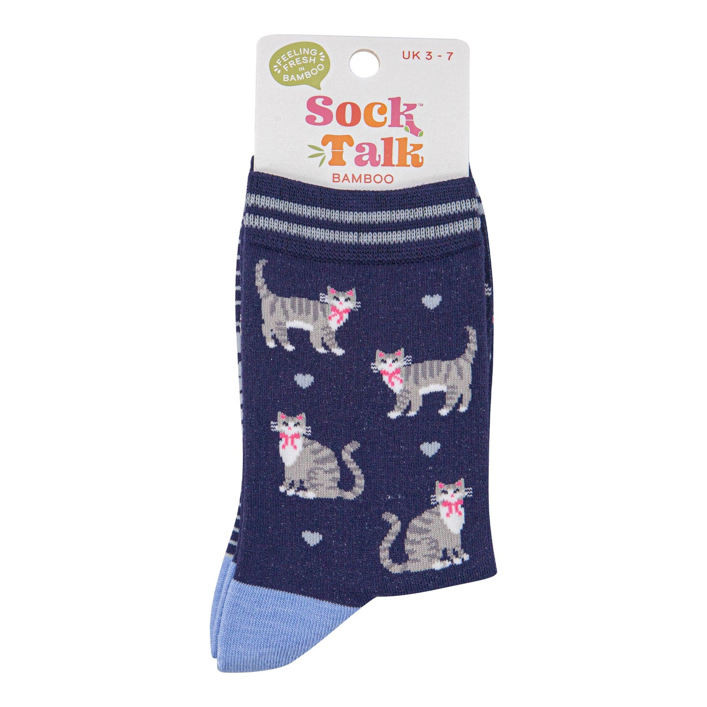 womens-bamboo-socks-navy-blue-light-blue-grey-tabby-cats-in-sock-talk-packaging