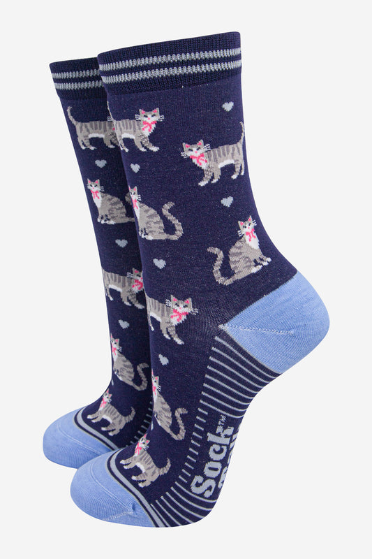 womens-bamboo-socks-navy-blue-light-blue-grey-tabby-cats-pets-animals