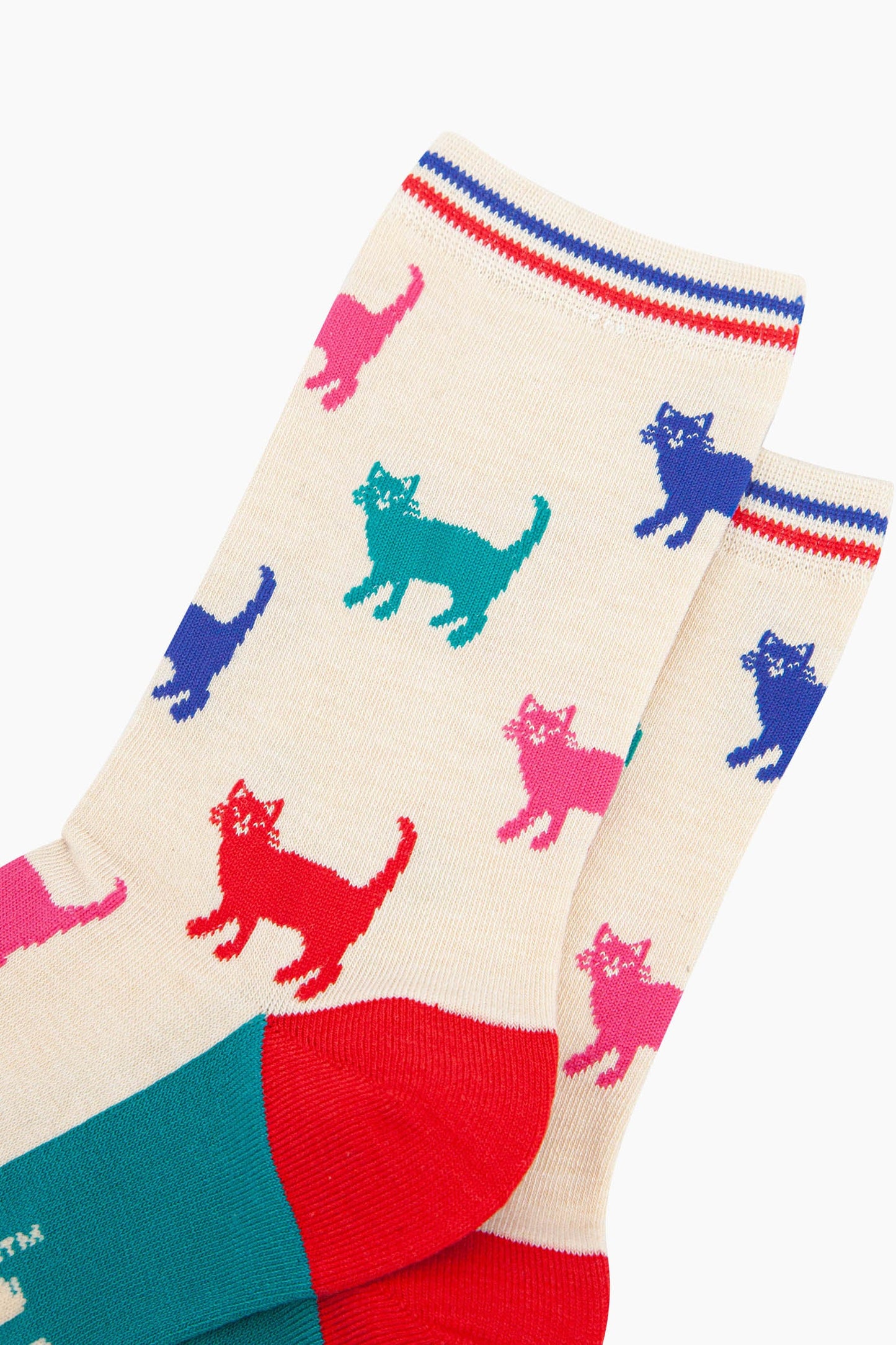 womens-bamboo-socks-cream-multi-cats-close-up-cats-are-blue-pink-red-turquoise-and-cover-the-full-design