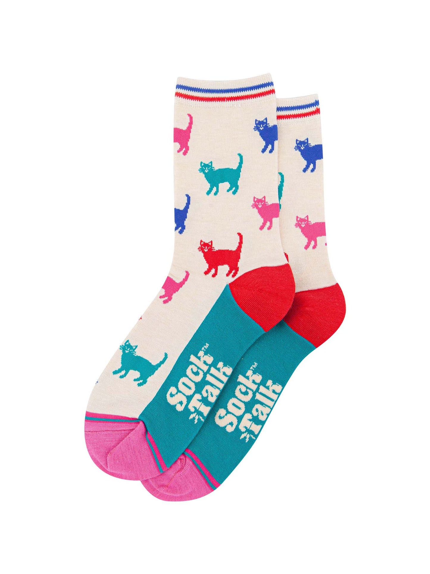 womens-bamboo-socks-cream-multi-cats-laying-flat