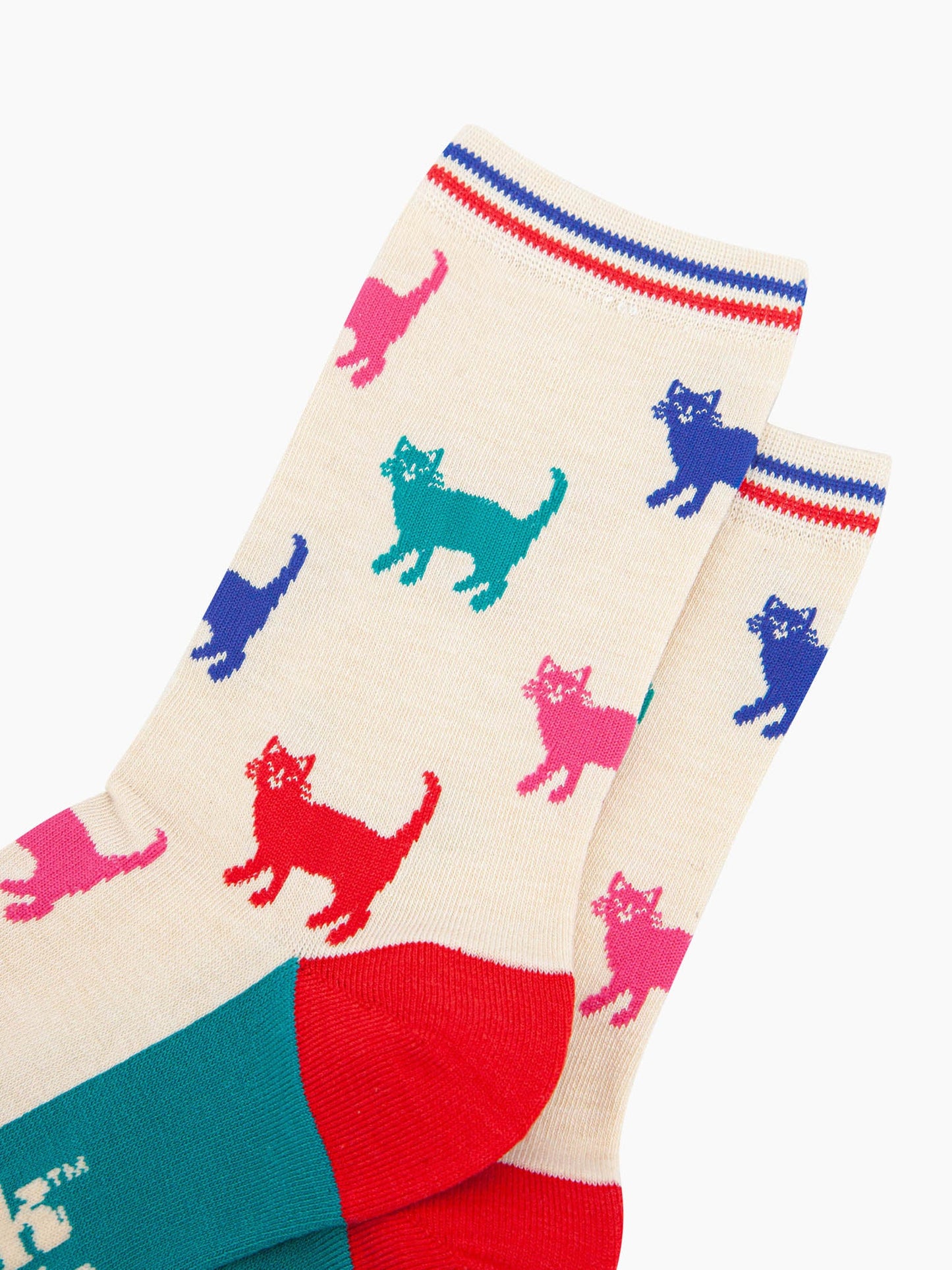 womens-bamboo-socks-cream-multi-cats-close-up-cats-are-blue-pink-red-turquoise-and-cover-the-full-design