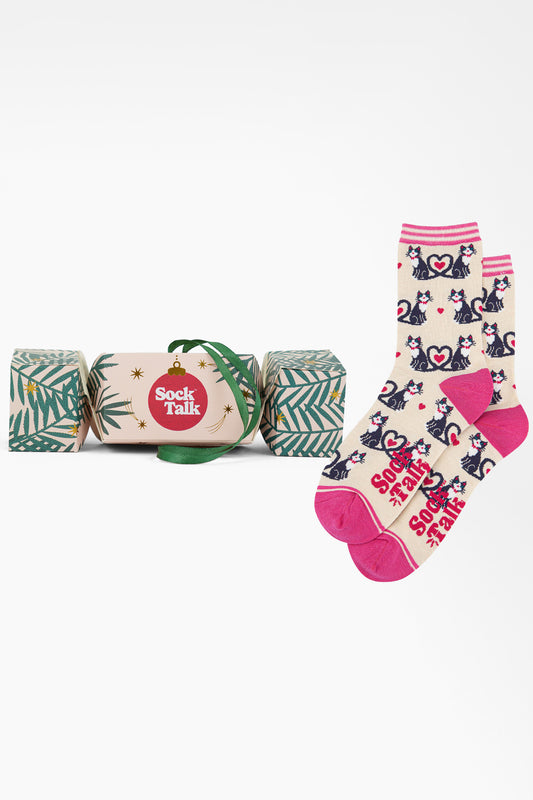 Women's Bamboo Ankle Socks Christmas Cracker Gift Box - Cream/Pink, Love Heart Tails