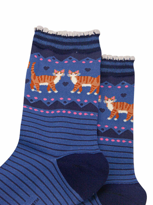 womens-bamboo-socks-denim-blue-navy-blue-ginger-cats-close-up