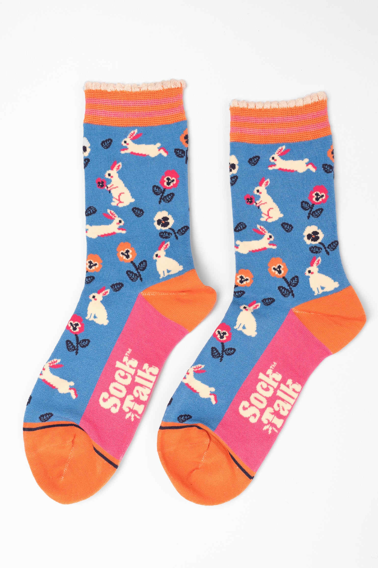 womens-bamboo-socks-blue-rabbit-and-flowers-laying-flat