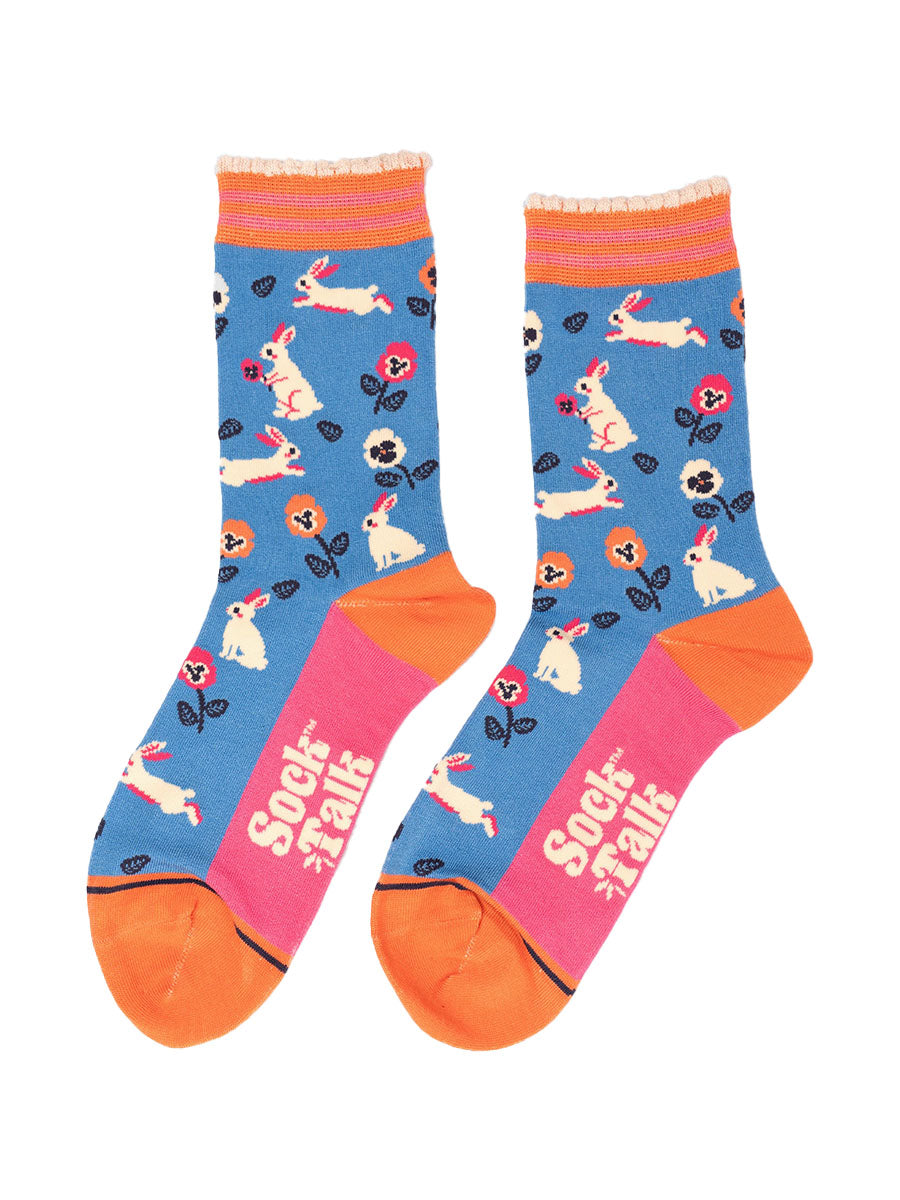 womens-bamboo-socks-blue-rabbit-and-flowers-laying-flat