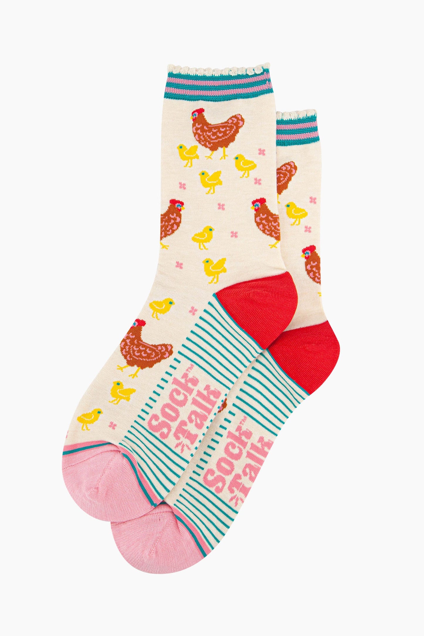the pair of striped hen and chicks socks laying flat, one on top of the other. showing clearly the repeating pattern on the body of the socks.