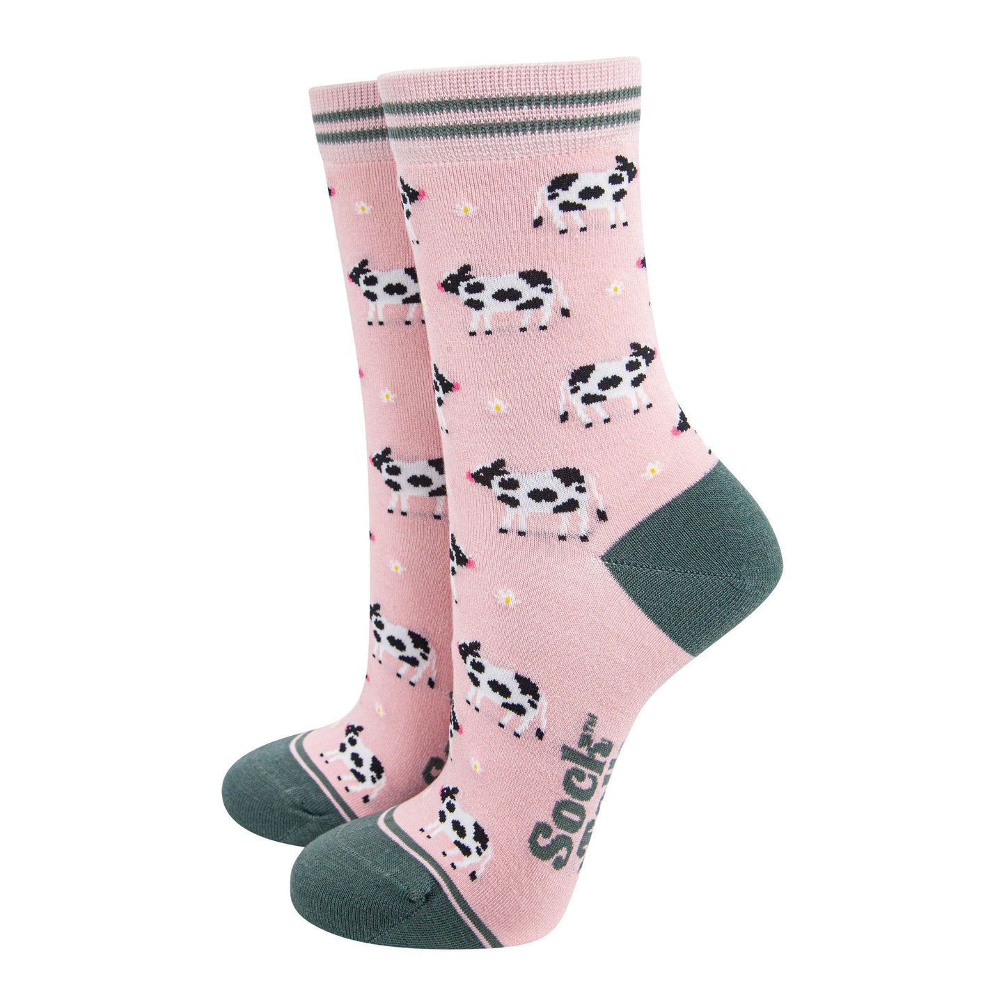 womens-bamboo-socks-light-pink-green-spring-cow-farm-animals