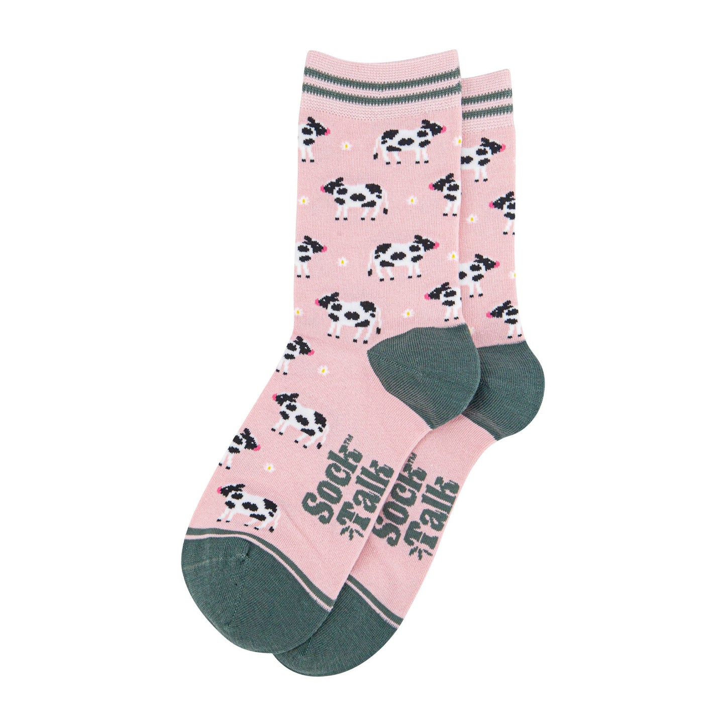 womens-bamboo-socks-light-pink-green-spring-cow-laying-flat
