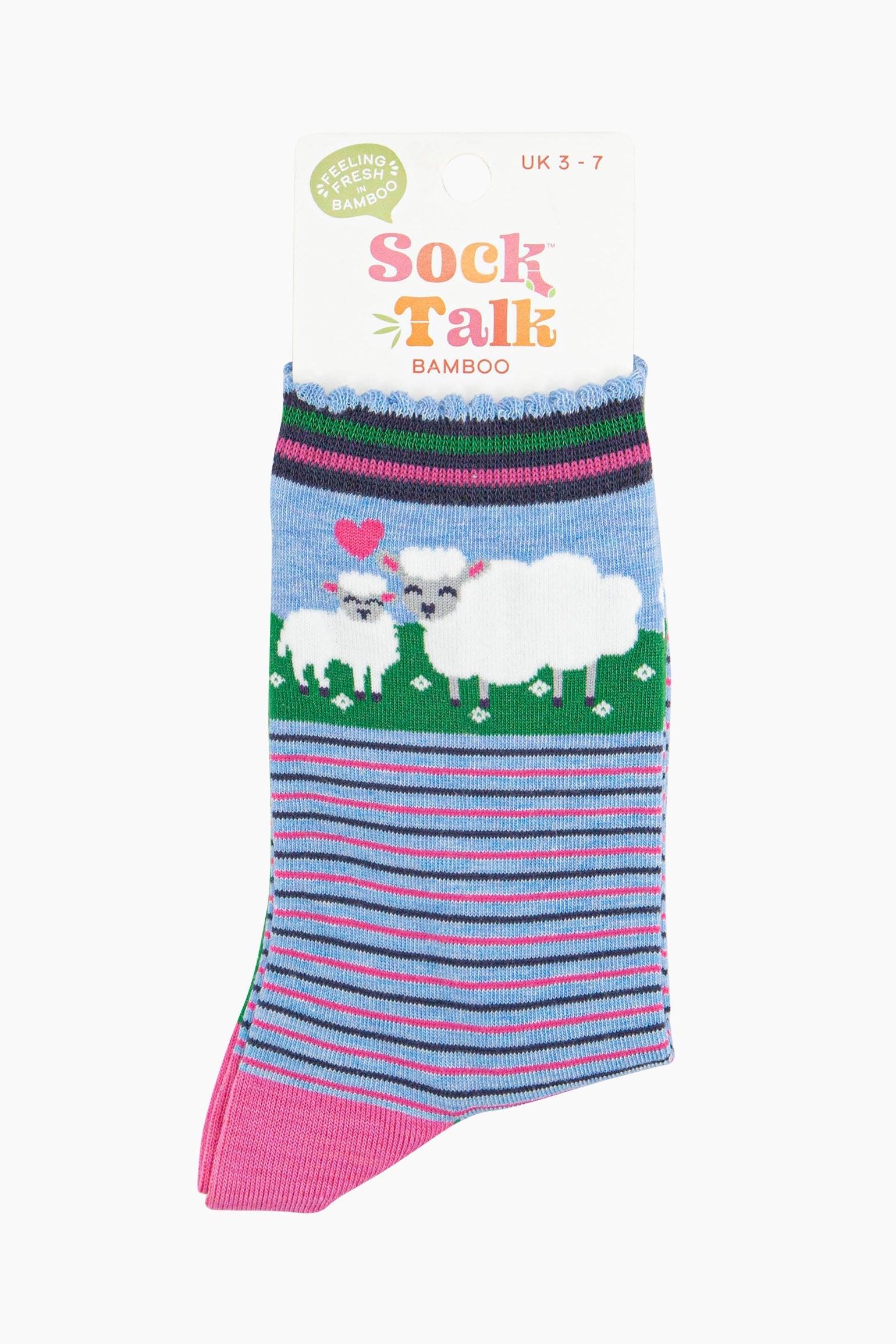 women's bamboo socks blue sheep and lamb ankle socks in their sock talk packaging, the socks are a uk size 3-7.