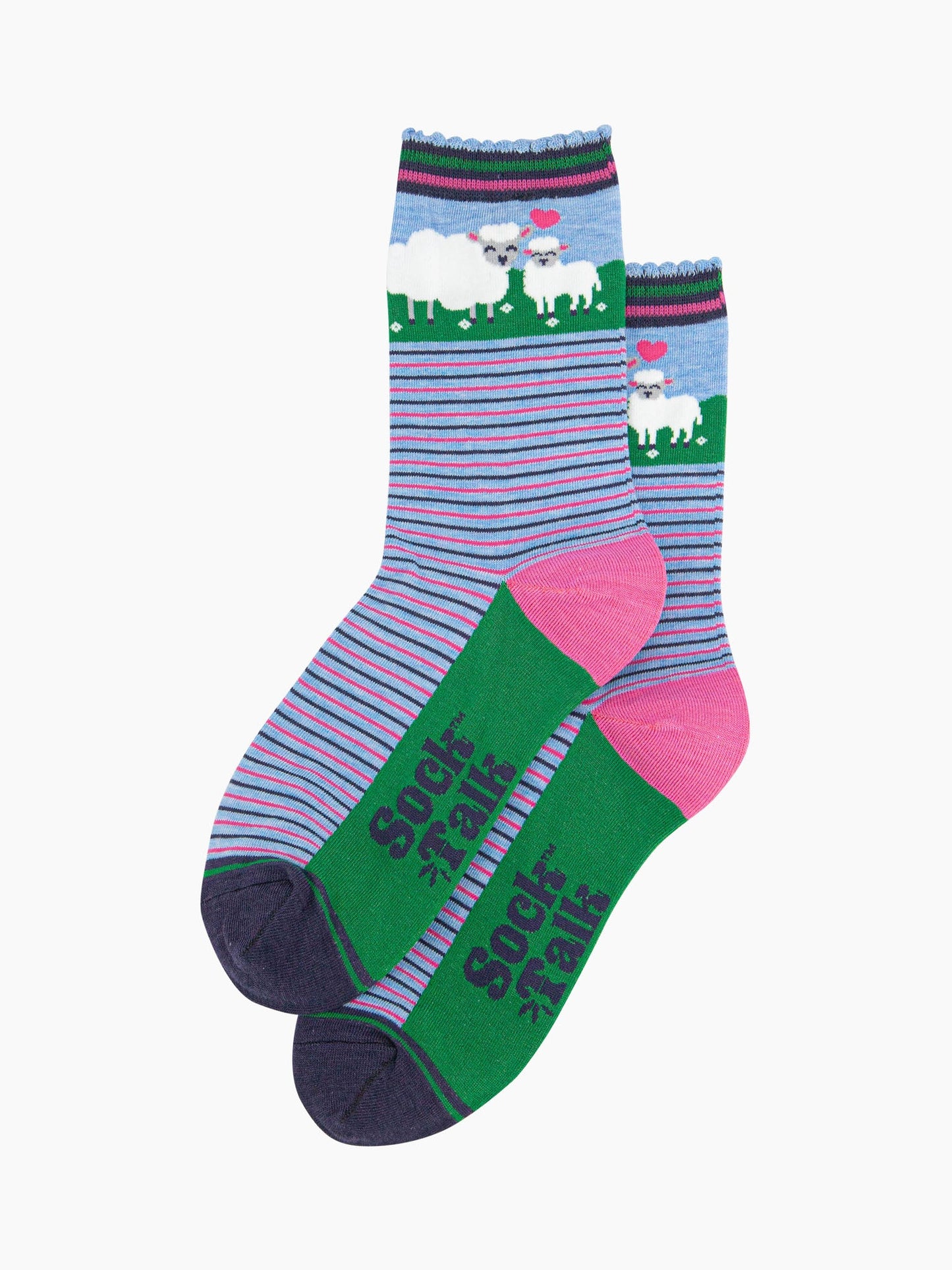 the pair of striped sheep and lamb socks laying flat, one on top of the other. showing clearly the alternating pink and blue pinstripe pattern on the body of the socks. the sheep and lamb feature on the ankle part of the design.