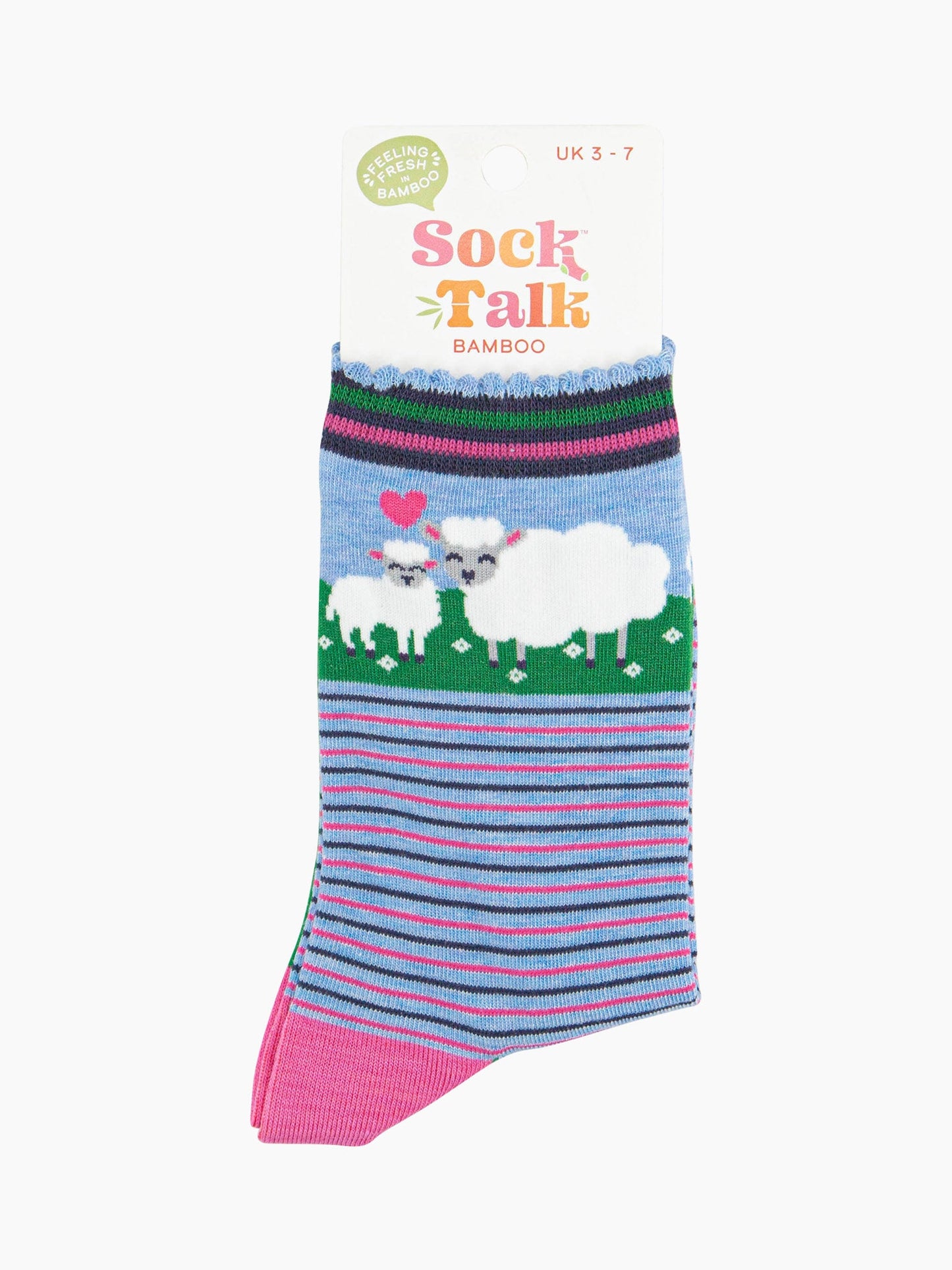 women's bamboo socks blue sheep and lamb ankle socks in their sock talk packaging, the socks are a uk size 3-7.