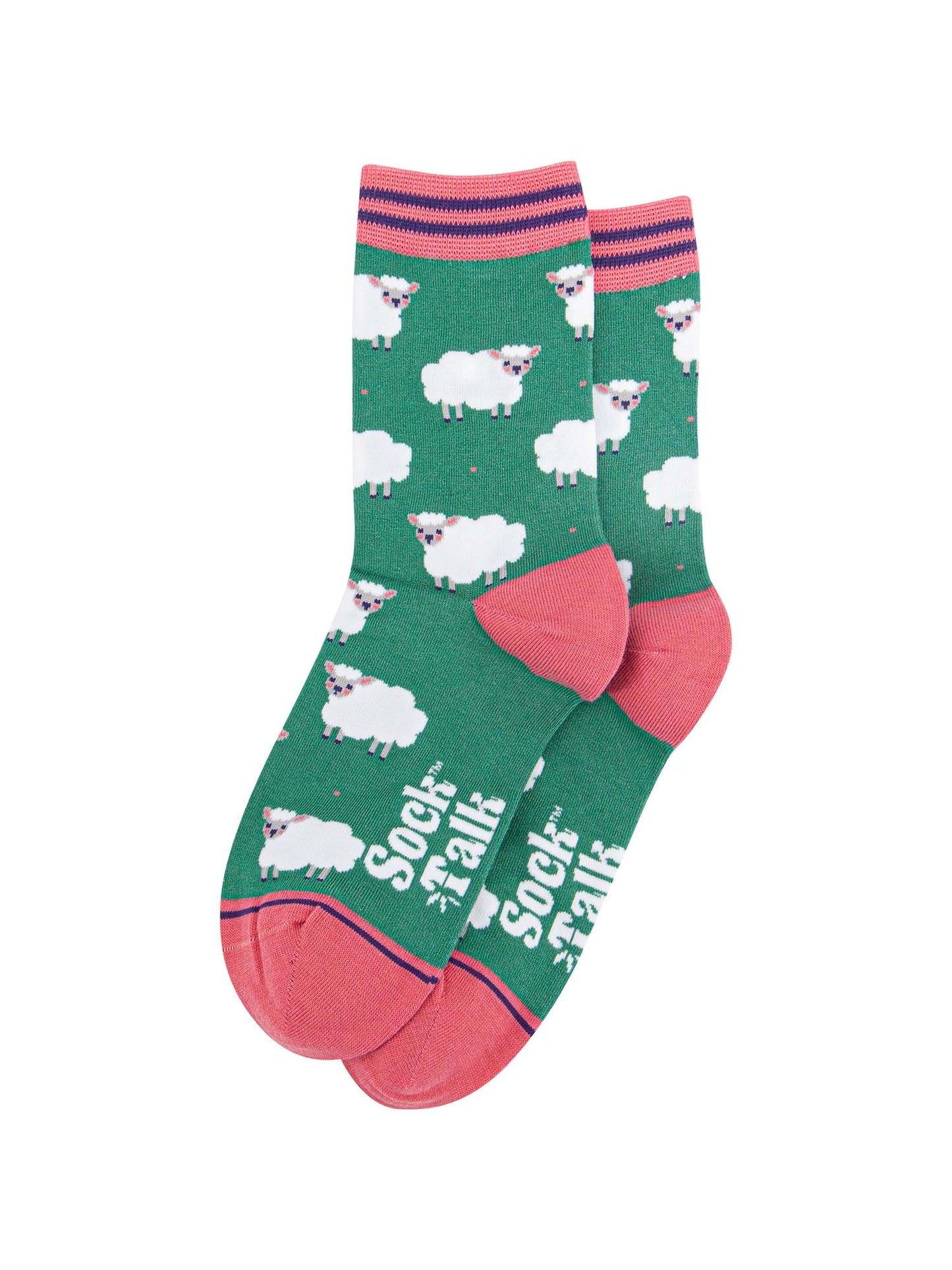 green, pink and white spring lamb woollly sheep pattern bamboo ankle socks.