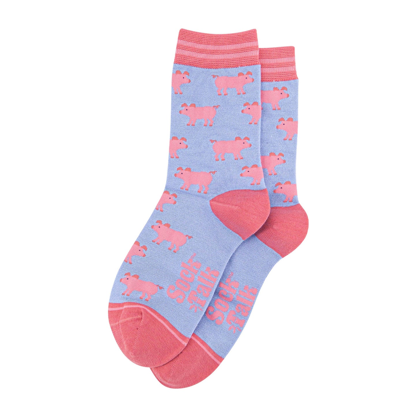 womens-bamboo-socks-light-blue-light-pink-pig-laying-flat