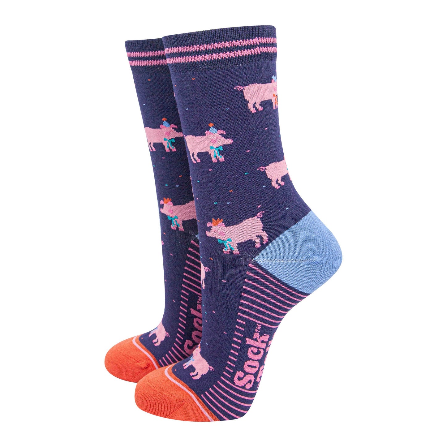 womens-bamboo-socks-navy-blue-orange-party-pigs-fun-animals