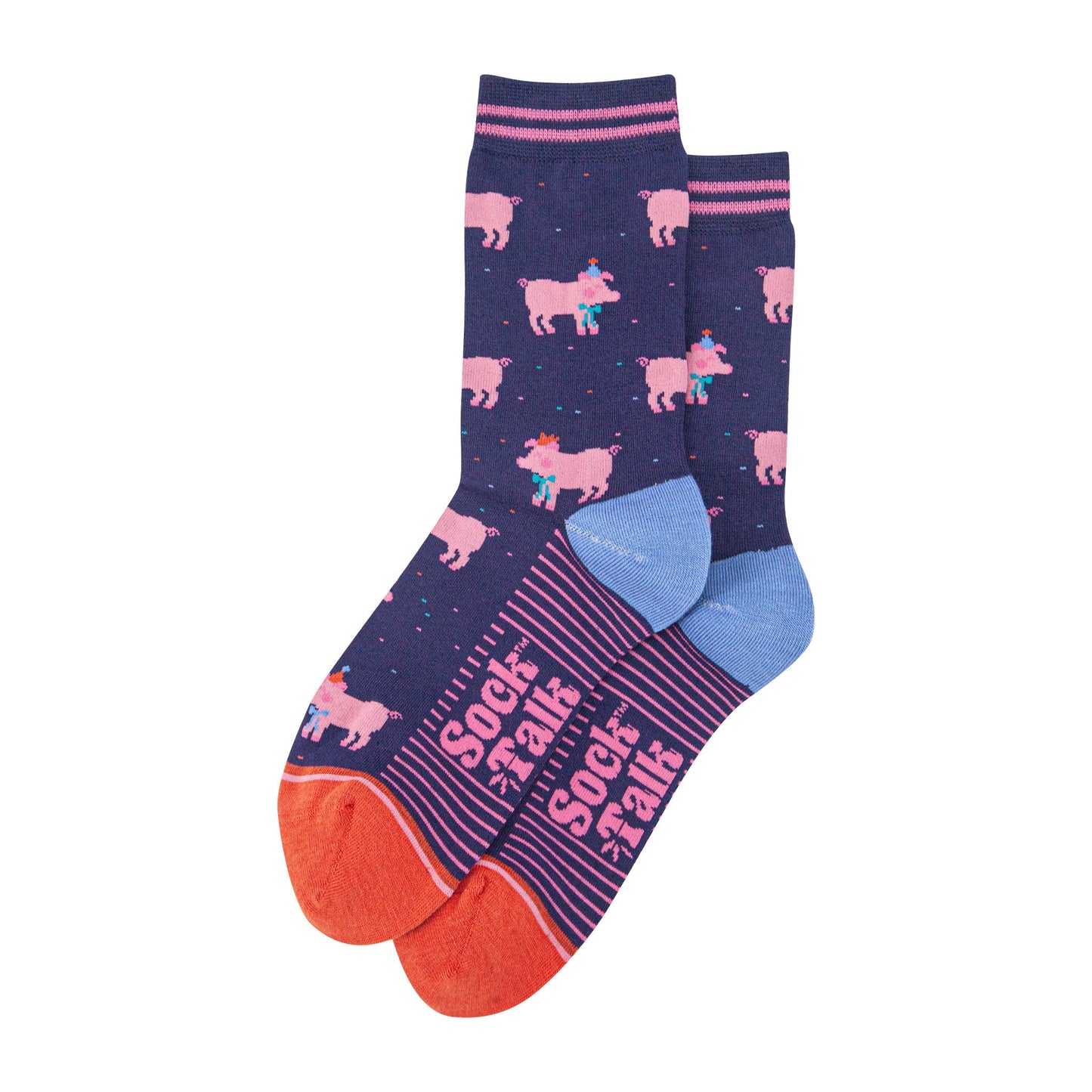 womens-bamboo-socks-navy-blue-orange-party-pigs-laying-flat