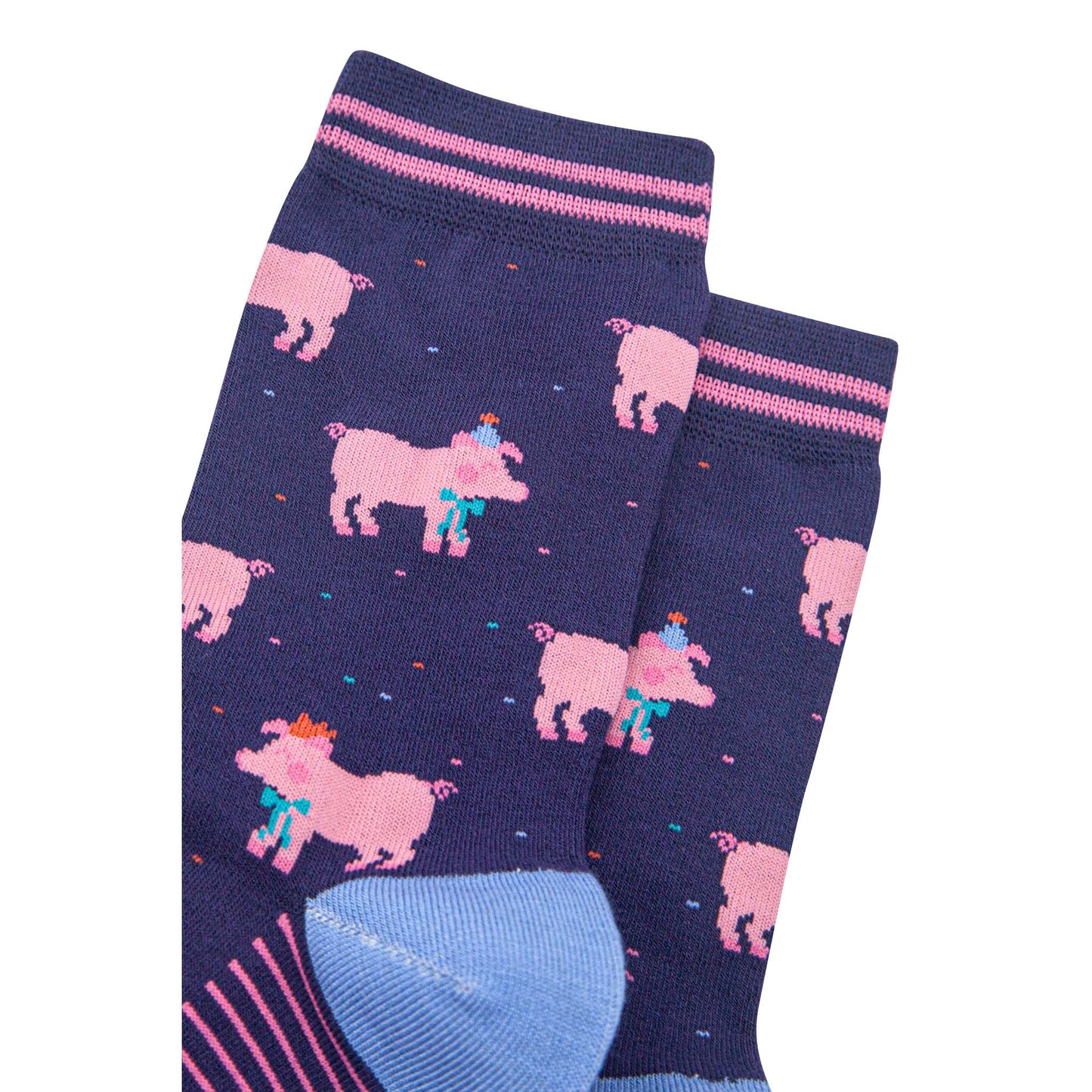 womens-bamboo-socks-navy-blue-orange-party-pigs-close-up