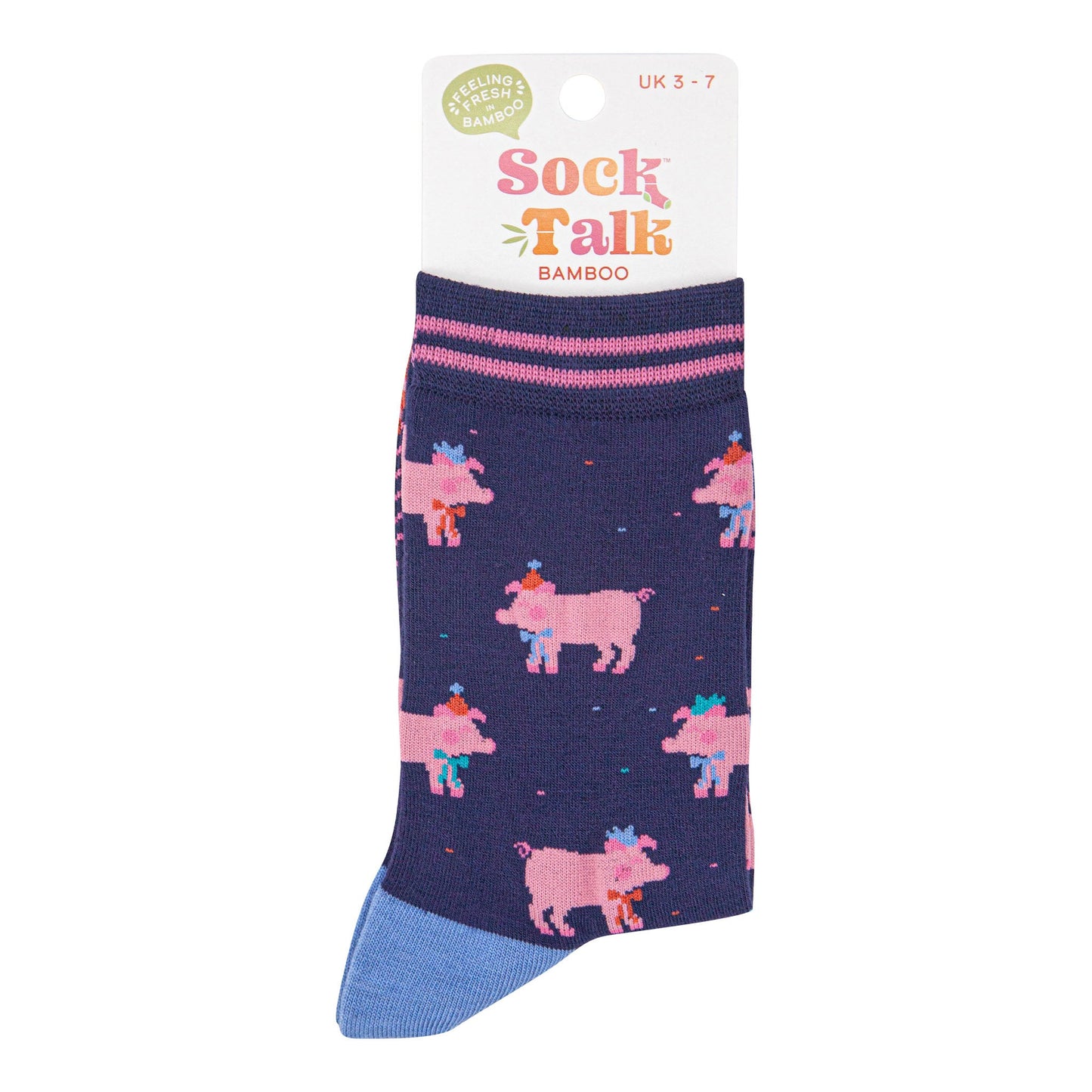 womens-bamboo-socks-navy-blue-orange-party-pigs-in-sock-talk-packaging