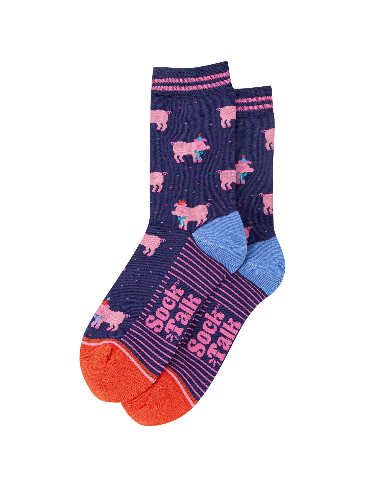 womens-bamboo-socks-navy-blue-orange-party-pigs-laying-flat