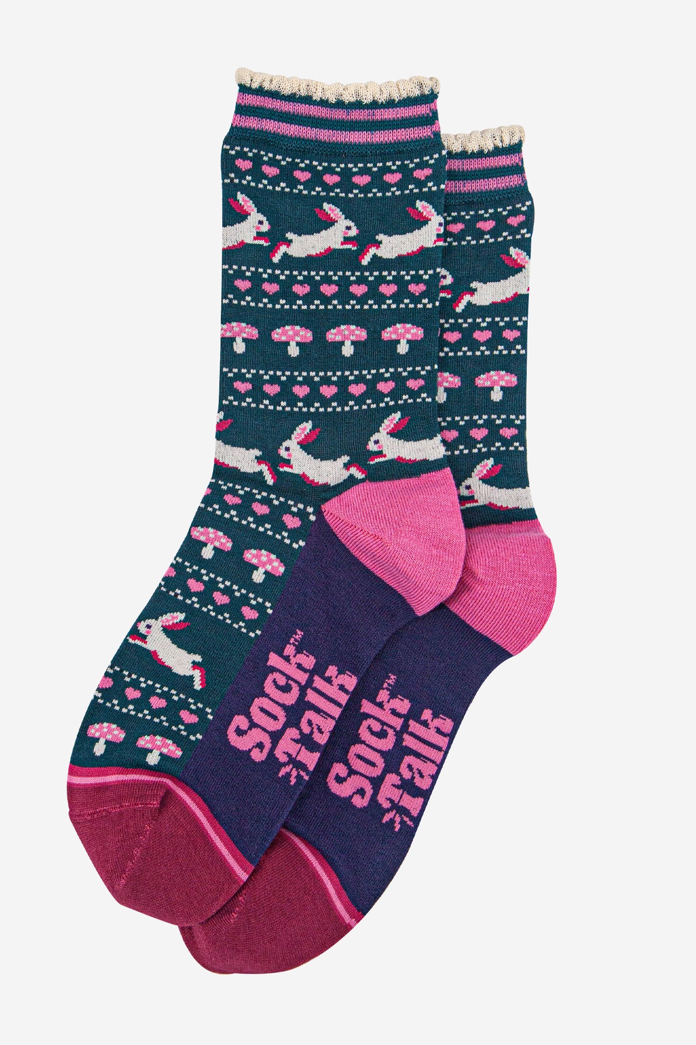 womens-bamboo-socks-forest-green-navy-blue-rabbit-and-toadstools-laying-flat