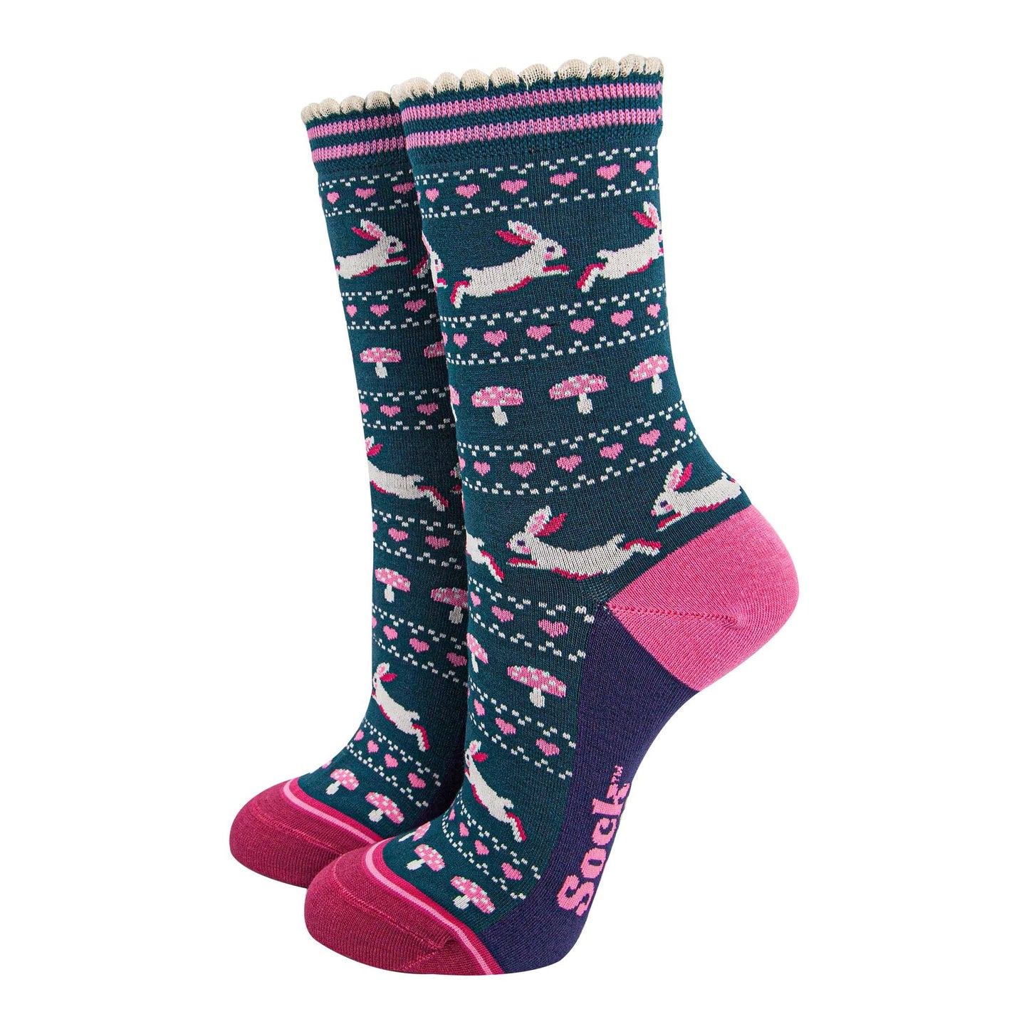 womens-bamboo-socks-forest-green-navy-blue-rabbit-and-toadstools-fair-isle