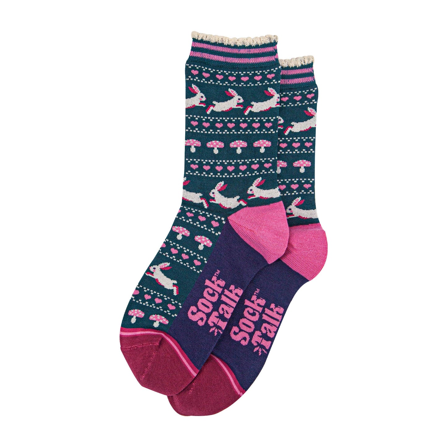 womens-bamboo-socks-forest-green-navy-blue-rabbit-and-toadstools-laying-flat