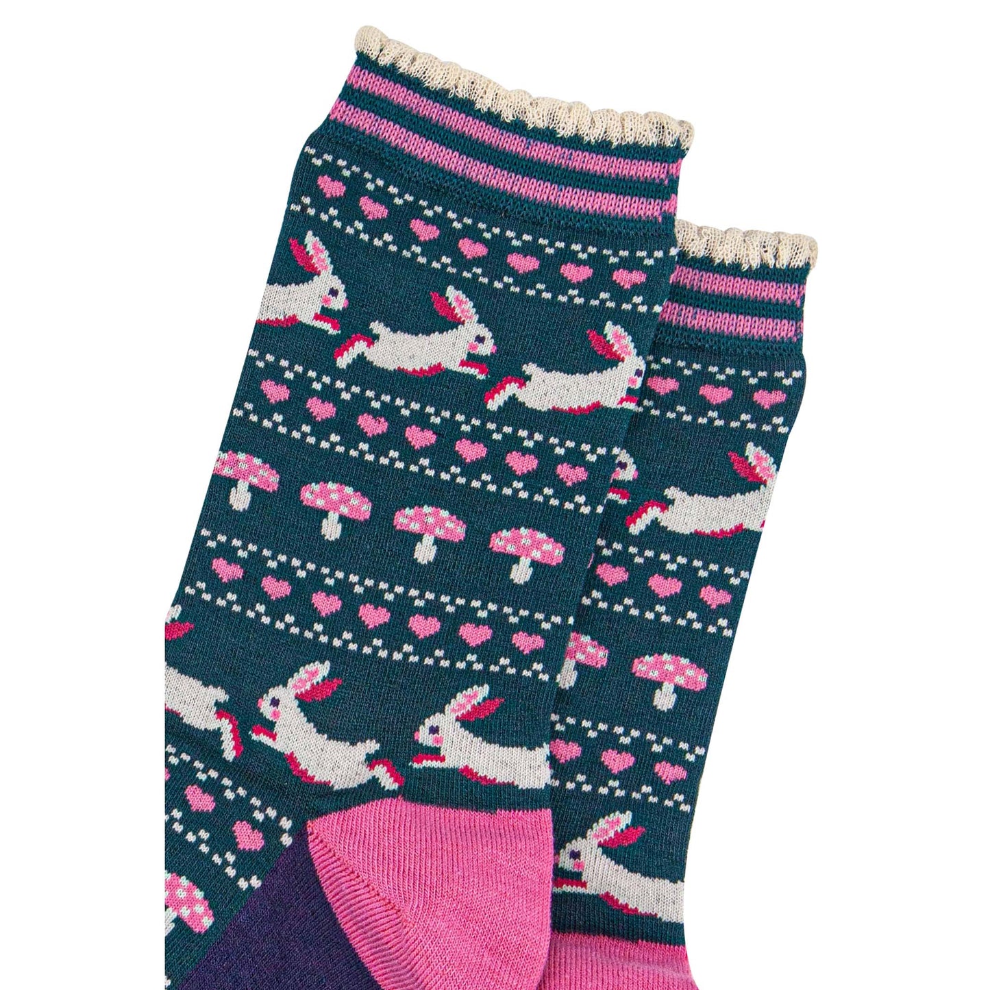 womens-bamboo-socks-forest-green-navy-blue-rabbit-and-toadstools-close-up