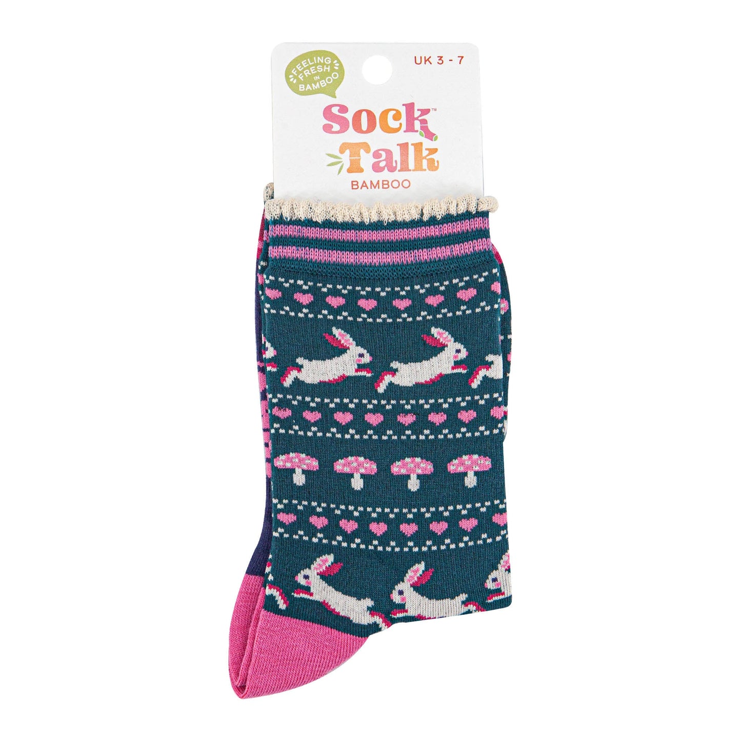 womens-bamboo-socks-forest-green-navy-blue-rabbit-and-toadstools-in-sock-talk-packaging