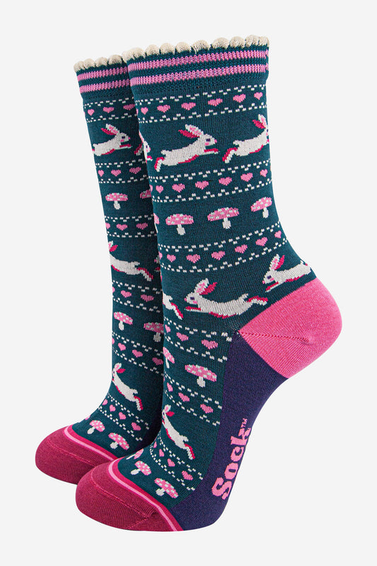 womens-bamboo-socks-forest-green-navy-blue-rabbit-and-toadstools-fair-isle