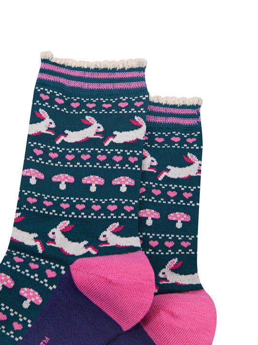 womens-bamboo-socks-forest-green-navy-blue-rabbit-and-toadstools-close-up
