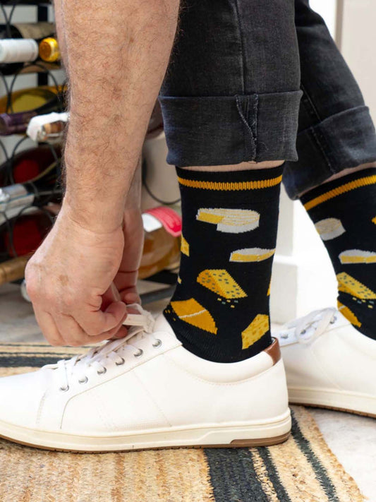 cheese-print-bamboo-socks-in-black-and-yellow