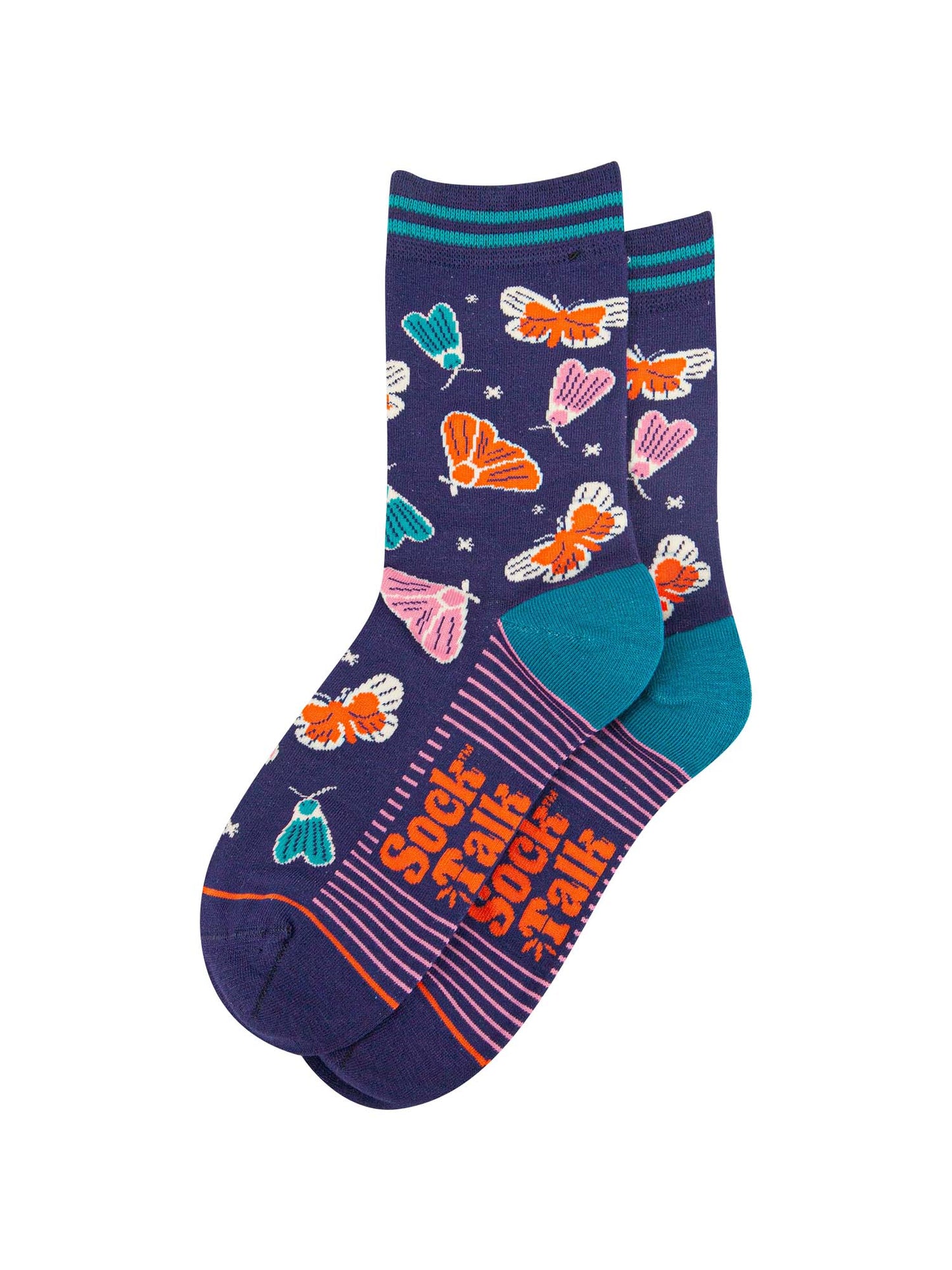 womens-bamboo-socks-navy-moths-and-stars-laying-flat-colourful-design