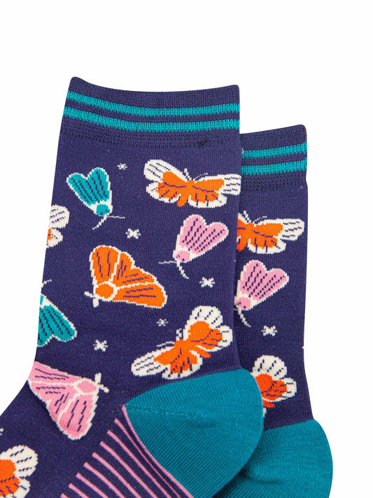 womens-bamboo-socks-navy-moths-and-stars-close-up-colourful-insects-contrast-navy-blue-night-sky-small-stars