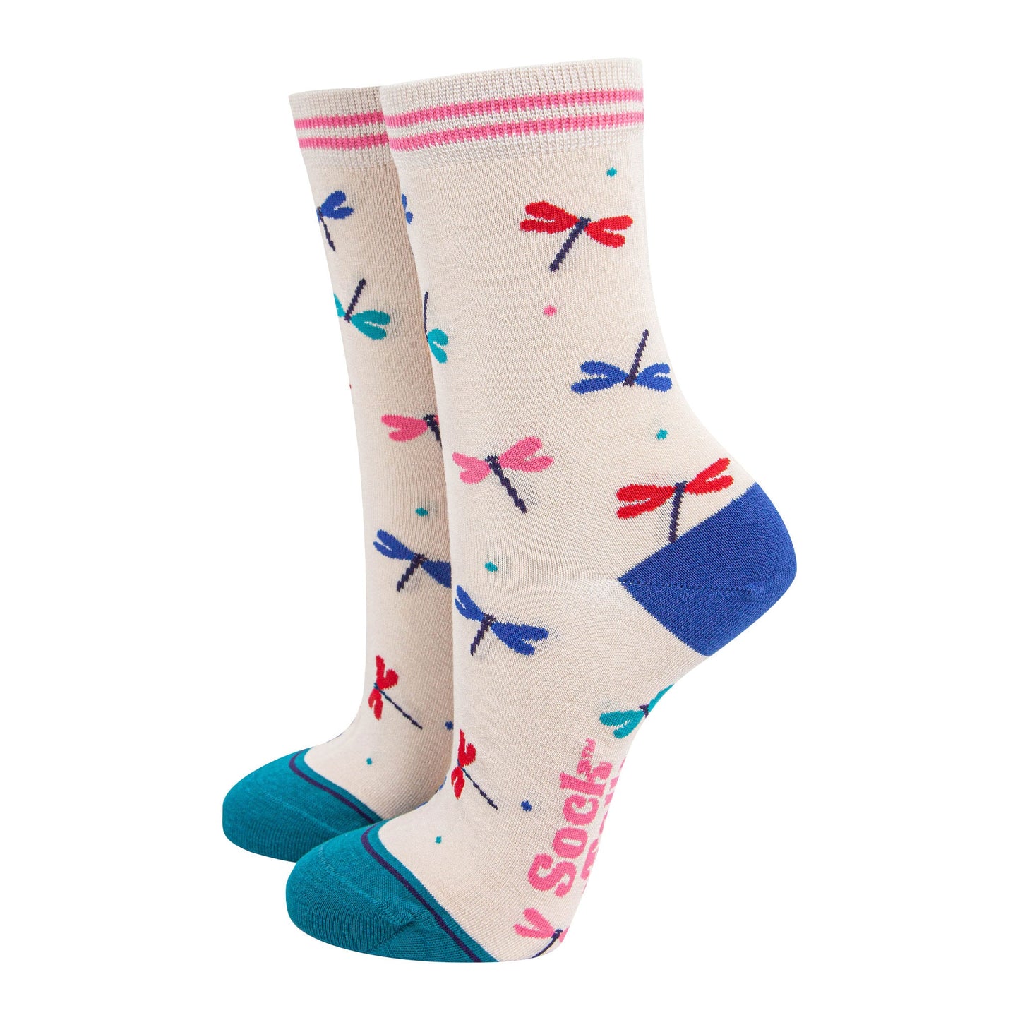 womens-bamboo-socks-cream-blue-dragonfly-multicoloured