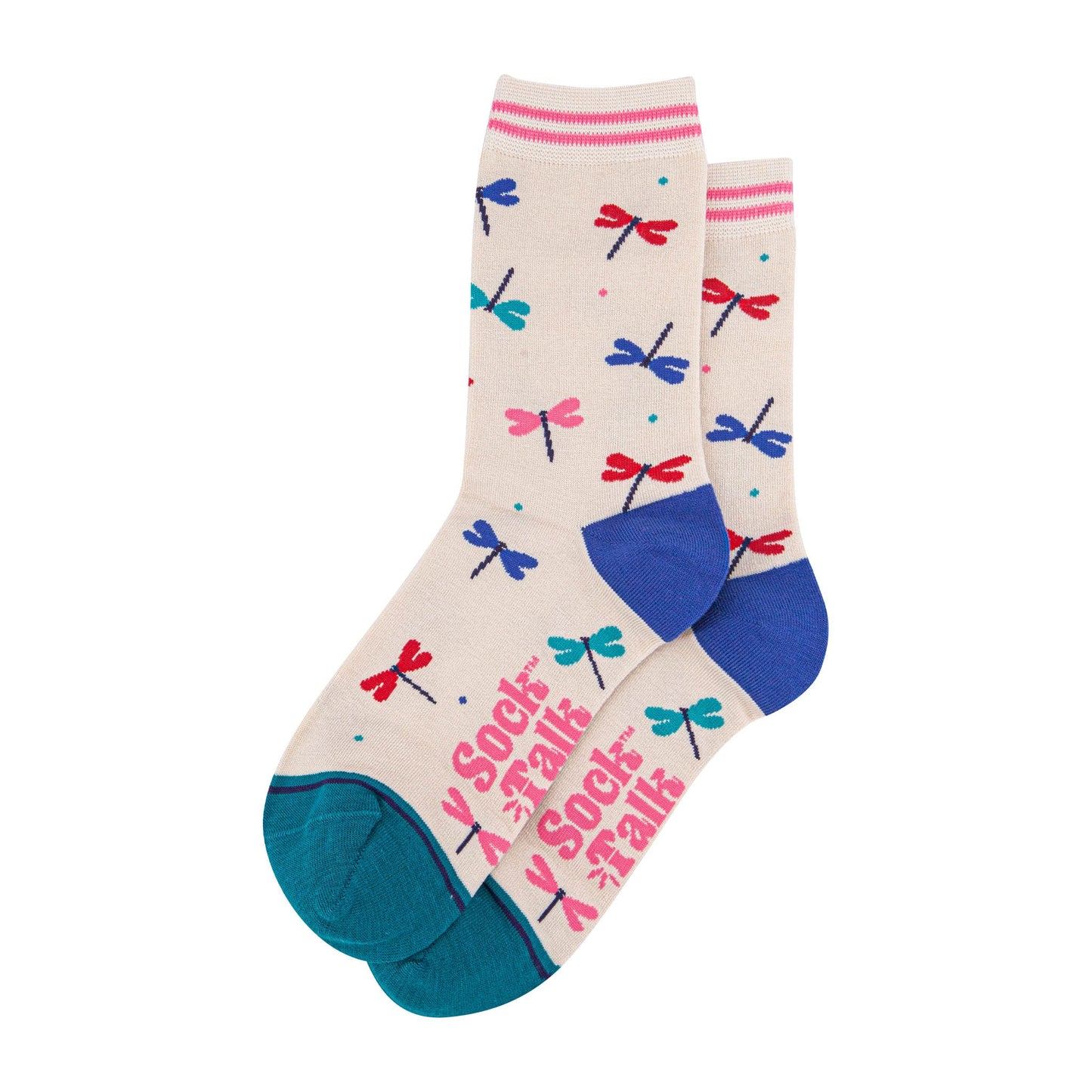 womens-bamboo-socks-cream-blue-dragonfly-laying-flat