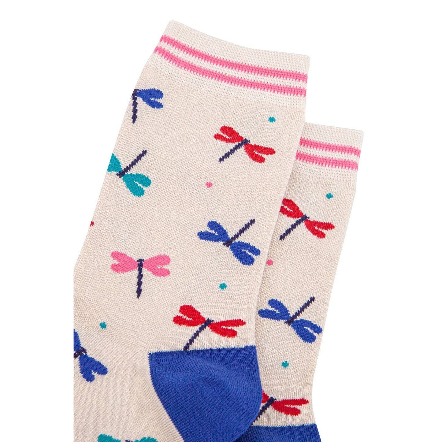 womens-bamboo-socks-cream-blue-dragonfly-close-up