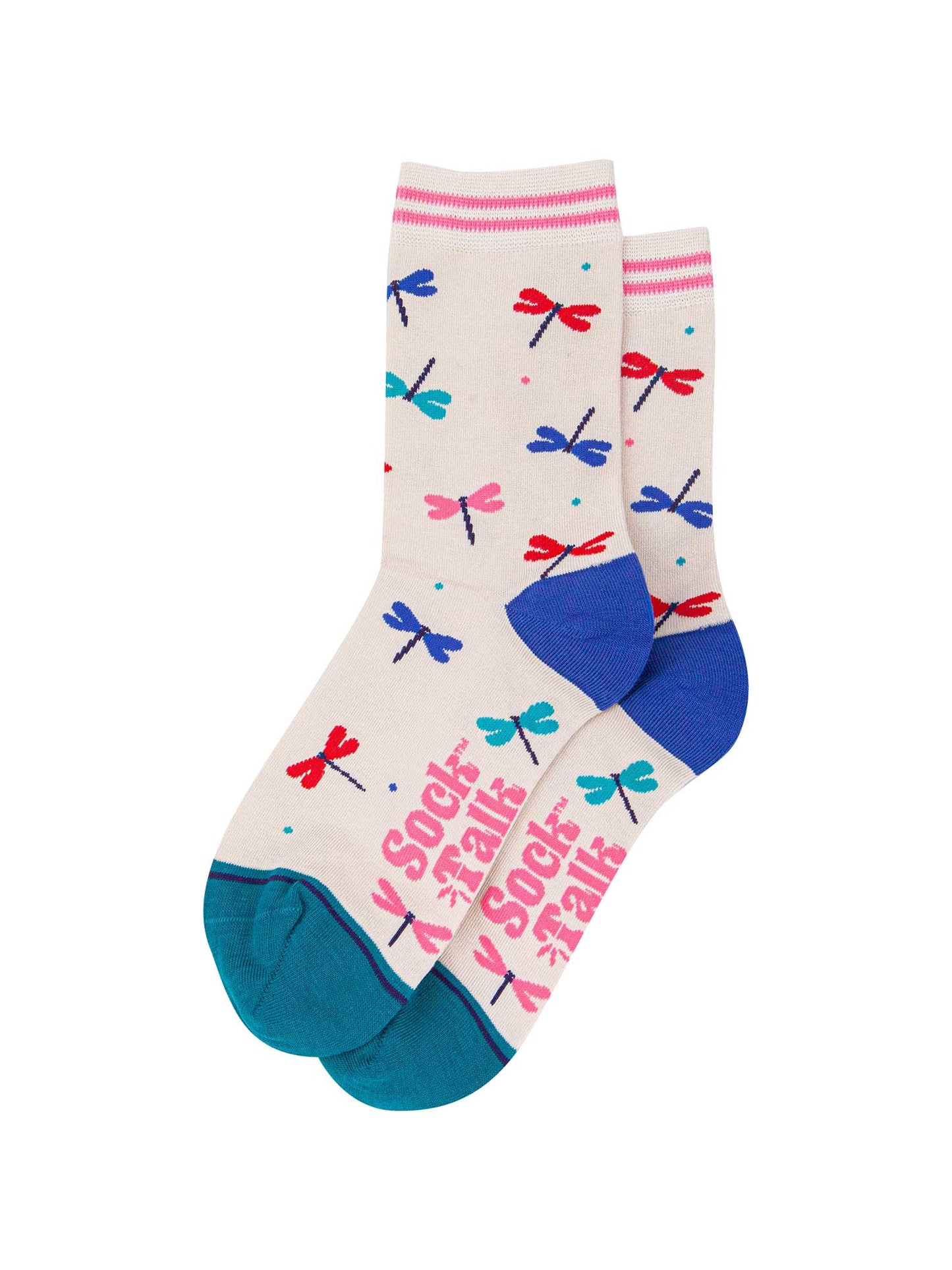 womens-bamboo-socks-cream-blue-dragonfly-laying-flat